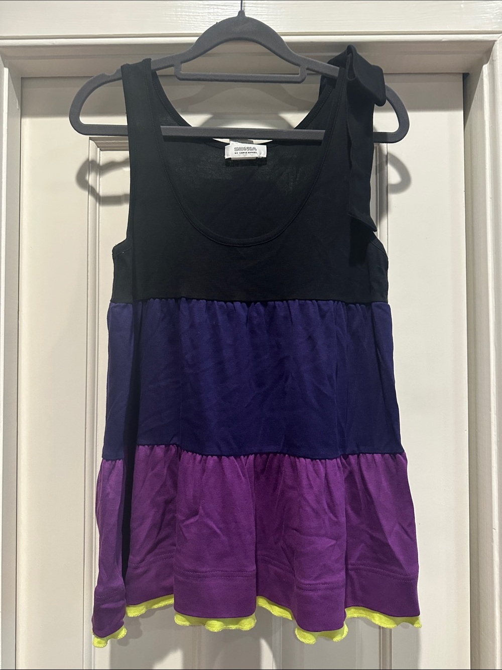 Sonia Rykiel Black, Purple and Violet Tiered Tank with Shoulder Bow